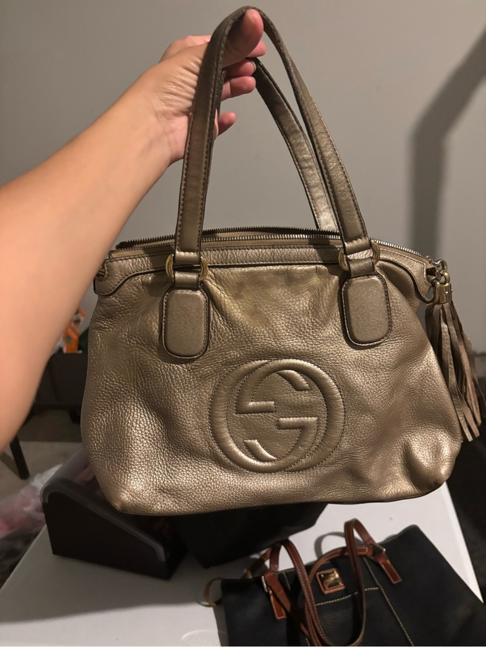 Gucci Metallic Gold Pebbled Leather Shoulder Bag with Tassel